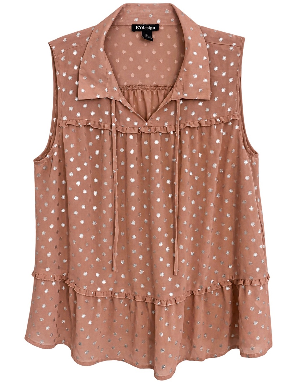 BYdesign XL Blush Pink Silver Polka Dot Ruffle Sleeveless Blouse